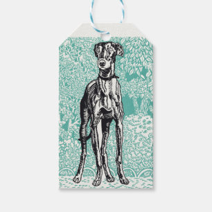 Vintage Moriz Jung Greyhound Art Teal Background Gift Tags