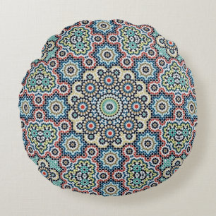Vintage Moroccan Blue & Teal Pattern Round Cushion