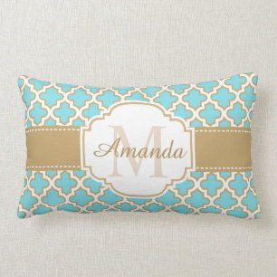Vintage Moroccan Quatrefoil Gold Cyan Monogram Lumbar Cushion