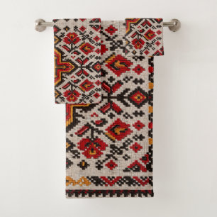 Vintage Moroccan Tribal Orange Floral Pattern Bath Towel Set