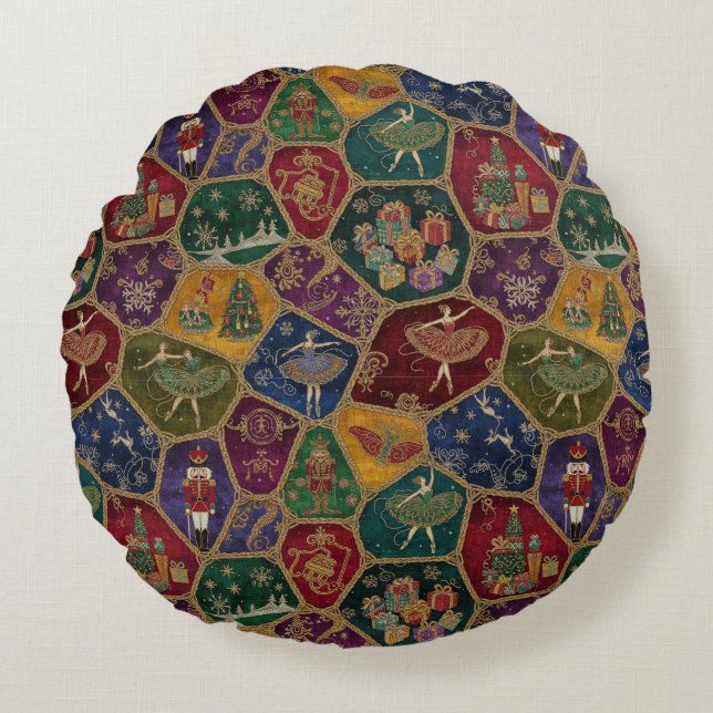 Vintage Mosaic Nutcracker Ballet Festive Custom Round Cushion (Front)