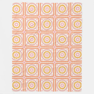 Vintage Mosaic Quilt Tiles Pattern in Pink Orange Fleece Blanket