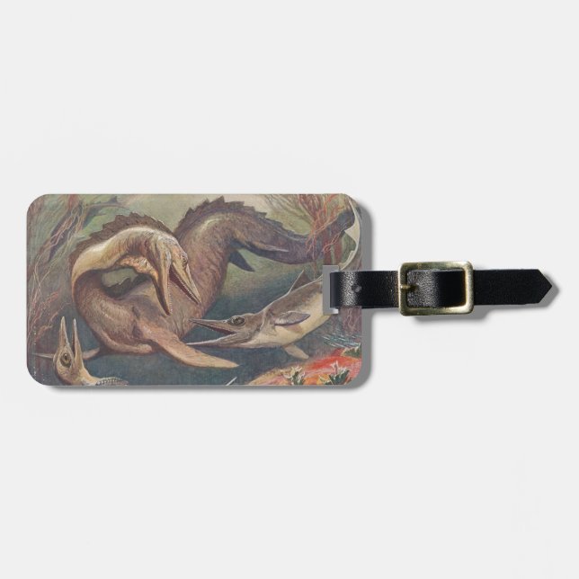 Vintage Mosasaurus vs. Ichthyosaurs Print Luggage Tag (Front Horizontal)