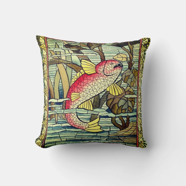 Vintage Mosiac Fish Throw Pillow (Front)