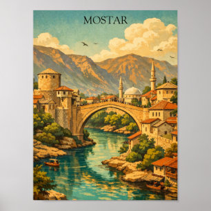 Vintage Mostar, Bosnia Stari Most Bridge Landmark Poster