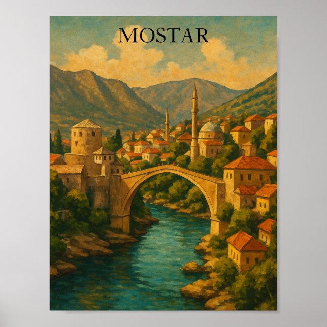 Vintage Mostar Bridge Bosnia Travel Poster (Front)