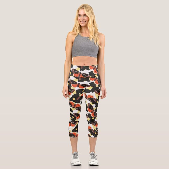 Vintage Moth Pattern Capri Leggings (Front)