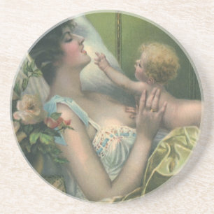 Vintage Mother and Baby Playing in Bed Coaster