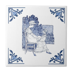 Vintage Mother and Child Delft Blue & White Tile