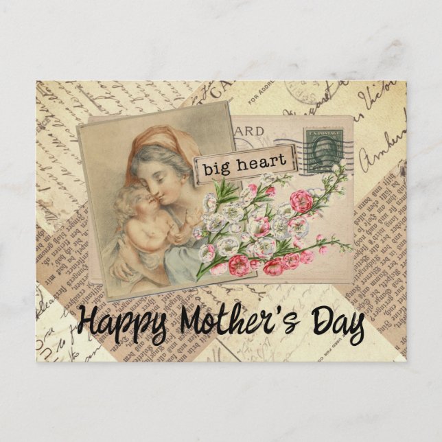 Vintage Mother and Child Flowers Collage Postcard (Front)