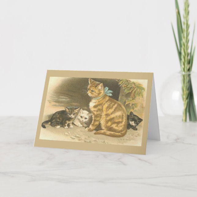 Vintage Mother Cat and Kittens Note Card (Front)