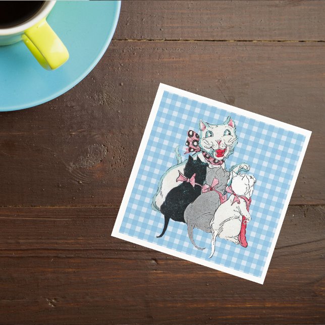 Vintage Mother Cat Three Kittens Pink Bows Napkin (White mother cat with three kittens on blue white plaid napkins.)
