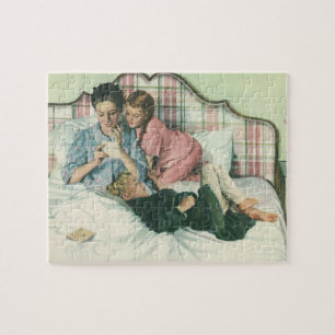 Vintage Mother Day, Children Reading Cards in Bed  Jigsaw Puzzle