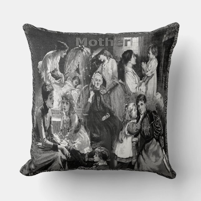 Vintage Mothers and Children Collage Grey Pattern Cushion (Front)