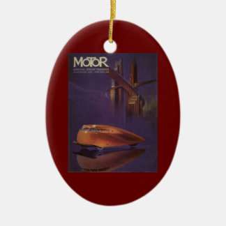 Vintage Motor Magazine Cover, Futuristic City Car Ceramic Tree Decoration
