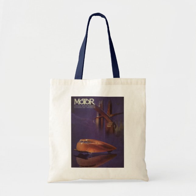 Vintage Motor Magazine Cover, Futuristic City Car Tote Bag (Front)
