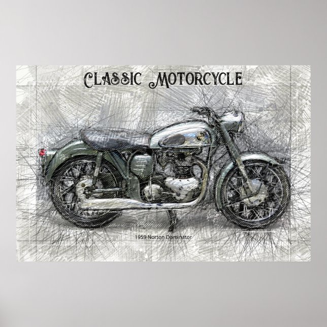 Vintage Motorcycle 1959 pencil sketch print  (Front)