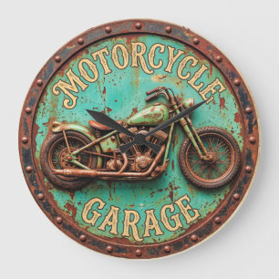 Vintage Motorcycle Garage Wall Clock, Rustic Biker Large Clock