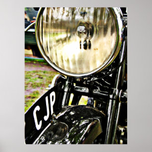 Vintage motorcycle headlight and license plate poster