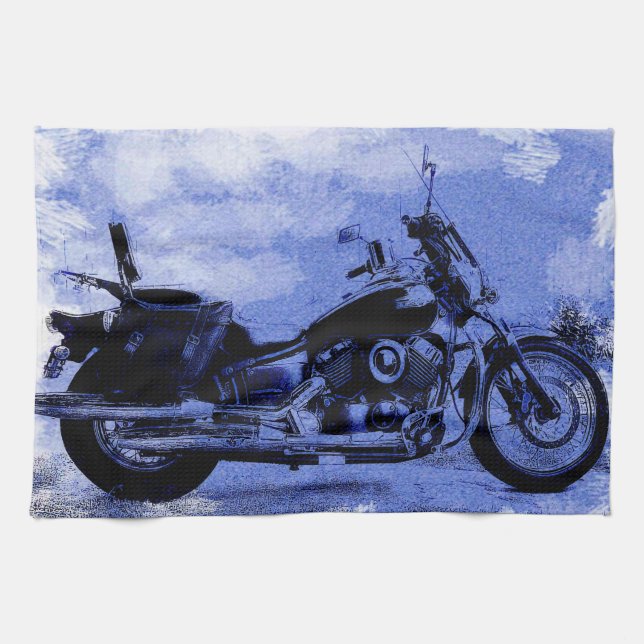 Vintage Motorcycle in Blue on Kitchen Towel (Horizontal)