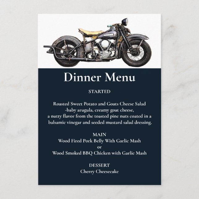 Vintage Motorcycle Navy Modern Wedding Dinner Menu (Front)