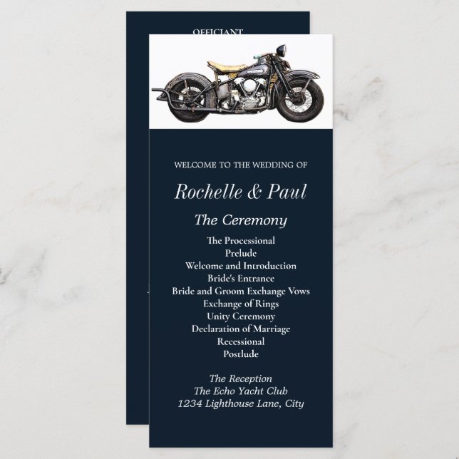 Vintage Motorcycle Navy Modern Wedding Program (Front/Back)