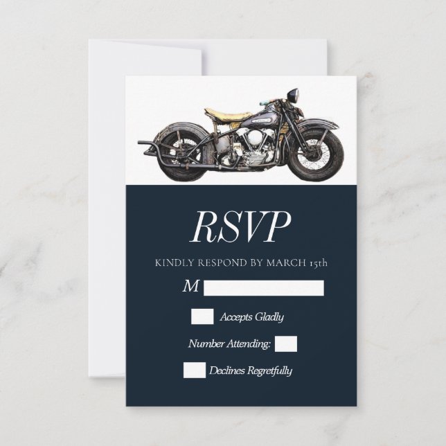 Vintage Motorcycle Navy Modern Wedding RSVP Card (Front)