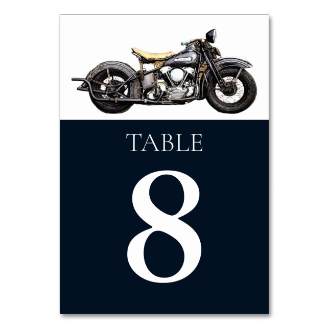 Vintage Motorcycle Navy Modern Wedding  Table Number (Front)