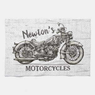 Vintage Motorcycle Personalized NAME Biker Garage Tea Towel
