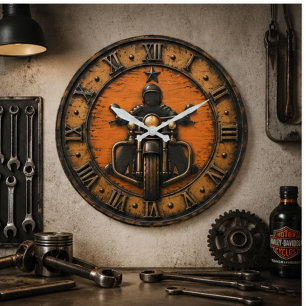 Vintage Motorcycle Rider Rustic Biker Garage Decor Large Clock