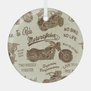 Vintage motorcycle silhouettes: seamless backgroun glass tree decoration
