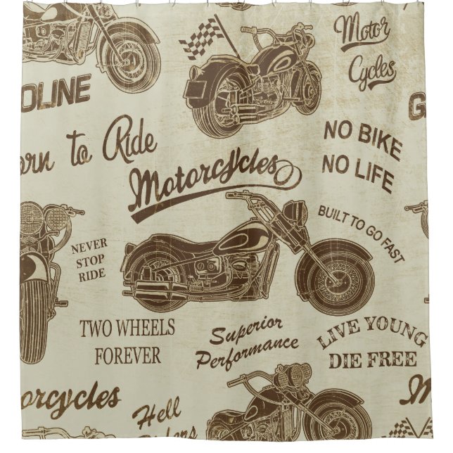 Vintage motorcycle silhouettes: seamless backgroun shower curtain (Front)