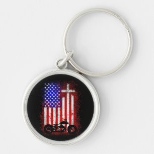 Vintage Motorcycle USA Flag Christian Faith for Bi Key Ring