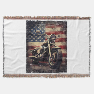 Vintage Motorcycle USA Flag Retro Biker American Throw Blanket
