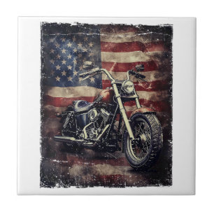 Vintage Motorcycle USA Flag Retro Biker American Tile