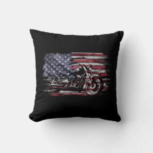 Vintage Motorcycle USA Flag Retro Biker, Motorcycl Cushion