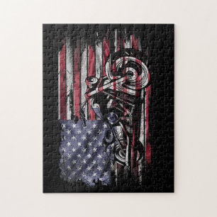 Vintage Motorcycle USA Flag Retro Biker, Motorcycl Jigsaw Puzzle