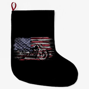 Vintage Motorcycle USA Flag Retro Biker, Motorcycl Large Christmas Stocking