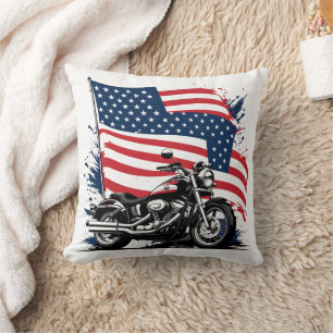 Vintage motorcycle with American flag backdrop Cushion