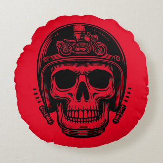 vintage motorcyclist skull legend round cushion