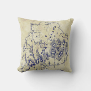 Vintage Mount Desert Island MN Map Blue Tea Stain Cushion