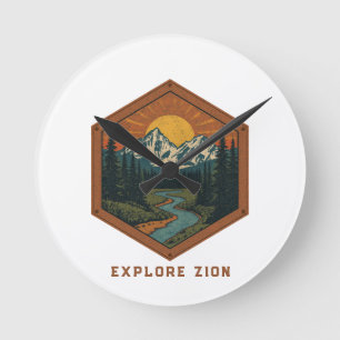 Vintage Mountain Adventure Retro Badge Round Clock