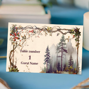 Vintage Mountain Forest Evergreen Tree Wedding Place Card