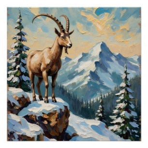 Vintage Mountain Goat on Frosted Christmas Ridge Poster