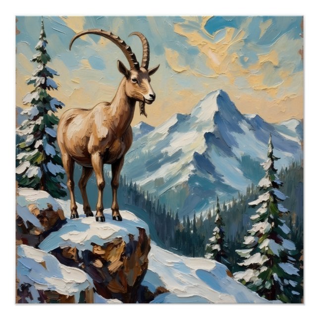 Vintage Mountain Goat on Frosted Christmas Ridge Poster (Front)