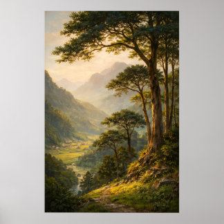 Vintage Mountain Landscape Poster, Serene Forest Poster