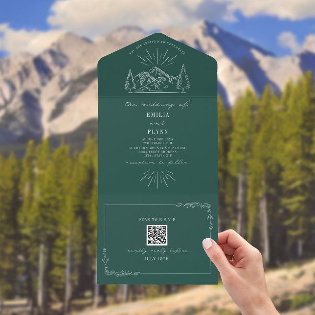 Vintage Mountain Rustic Emerald QR All In One Invitation (Creator Uploaded)