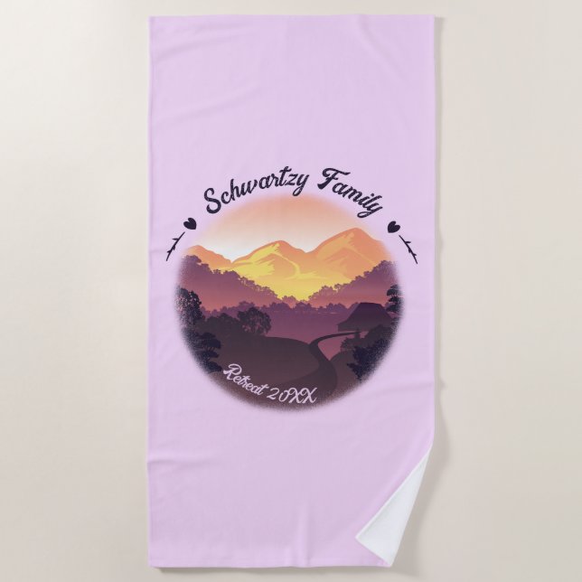 Vintage Mountain Sunset Farmhouse Retreat Purple Beach Towel (Front)