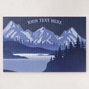 Vintage Mountain Sunset outdoor lake Retreat blue Jigsaw Puzzle