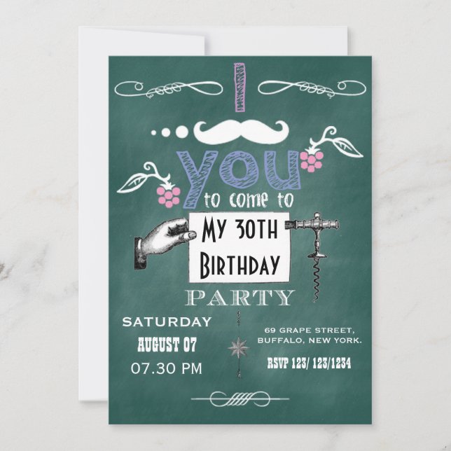 Vintage moustache Chalkboard Adult Birthday Party Invitation (Front)